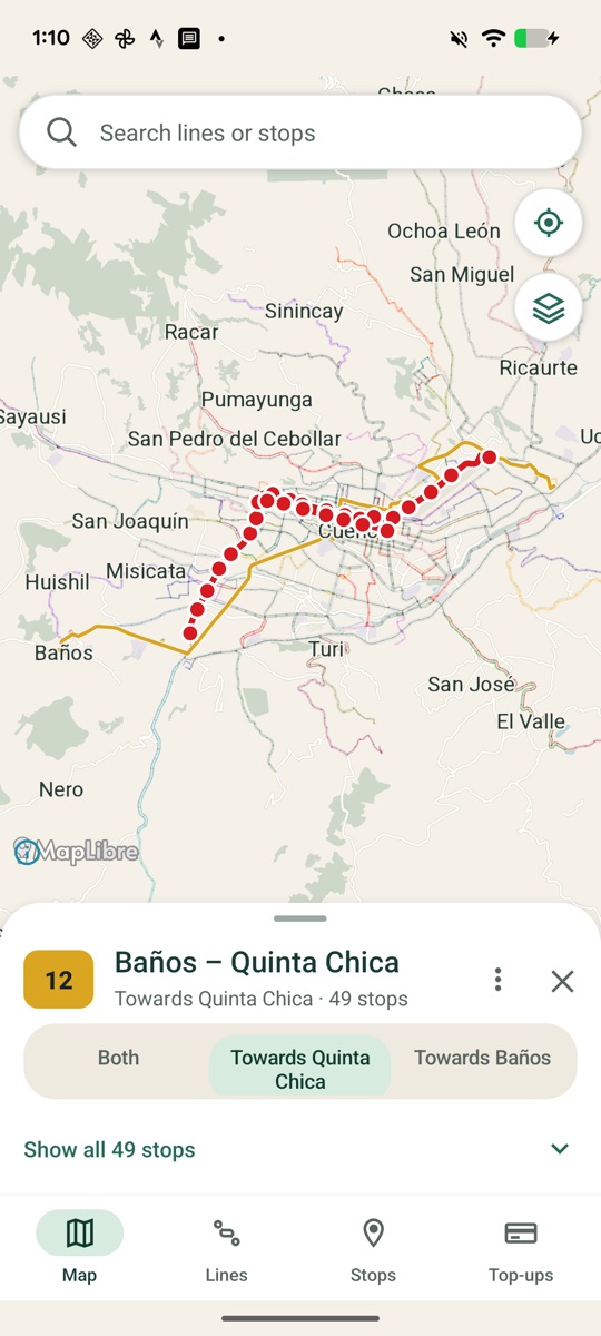 Buses Cuenca showing line 12 across the city with direction controls